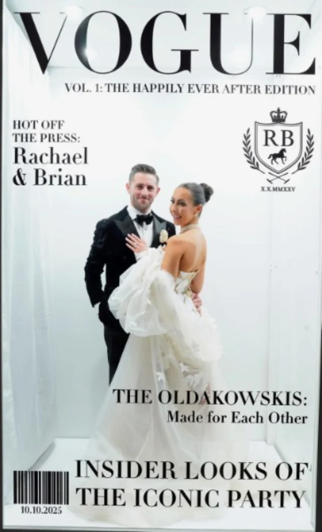 Vogue magazine cover photo booth rental NYC — bride and groom wedding portrait with custom cover design