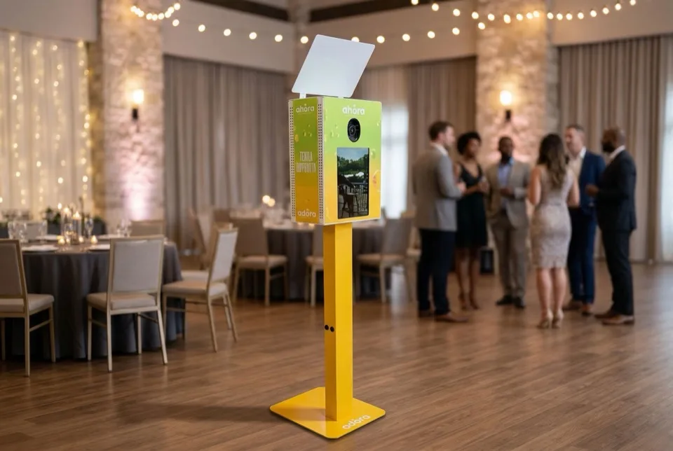 Custom branded photo booth wrap for Adora at indoor corporate event