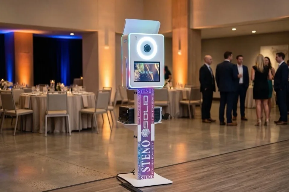 Custom branded photo booth wrap for Steno Solid at corporate gala with blue and amber uplighting