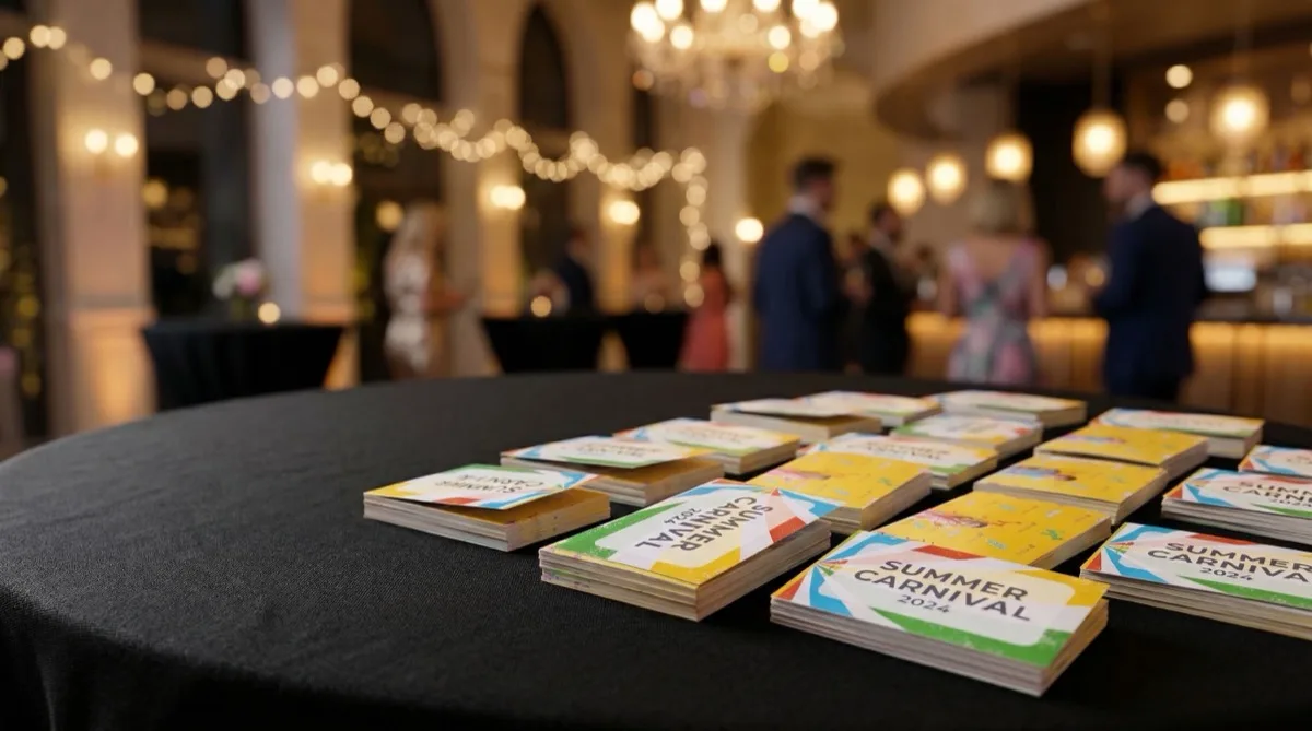 Custom branded Summer Carnival flipbooks displayed on table at event venue with string lights and guests in background