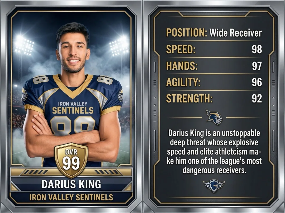 AI Trading Card Photo Booth front and back design showing football player with stats, bio, and holographic metallic frame