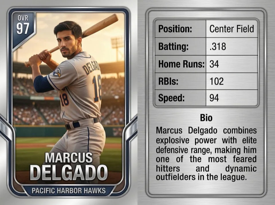 Custom baseball trading card with silver frame showing Marcus Delgado front and bio back