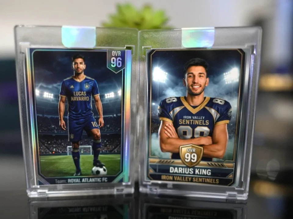 AI Trading Card Photo Booth holographic sports cards in protective cases featuring soccer and football designs