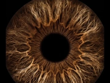 Macro close-up of a deep brown iris showing fine radial fiber detail