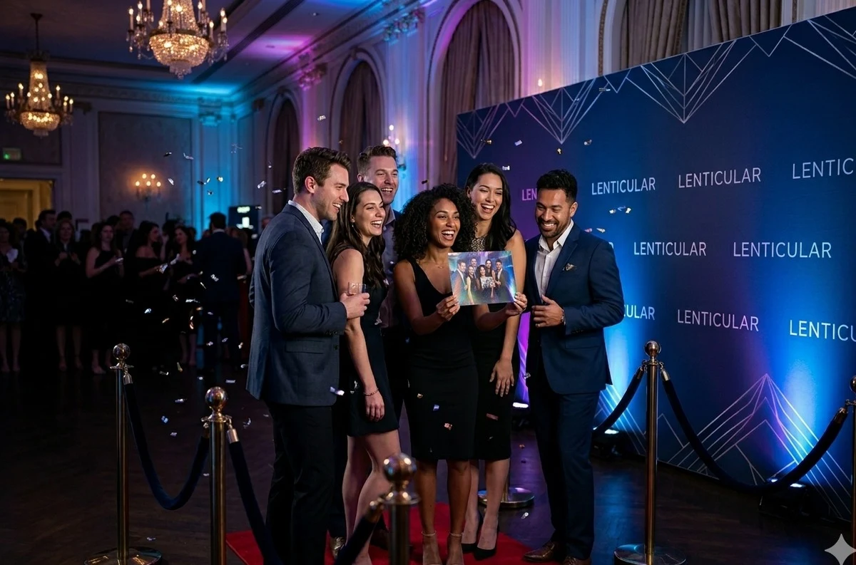 Lenticular photo booth rental NYC activation with guests admiring a dimensional 3D motion print in front of custom branded backdrop
