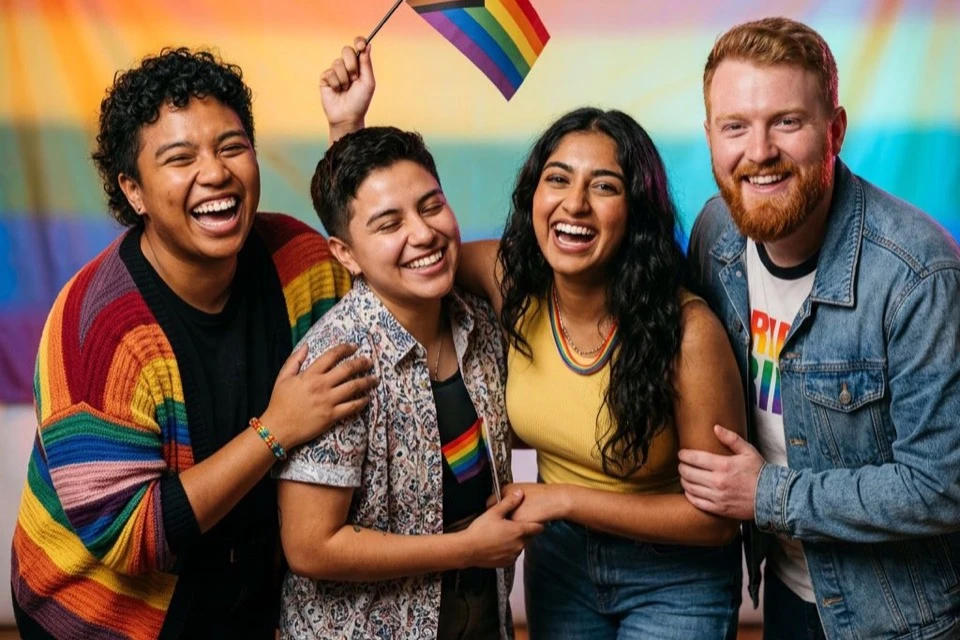 Pride Month photo booth NYC — diverse group with Progress Pride flag in front of rainbow backdrop