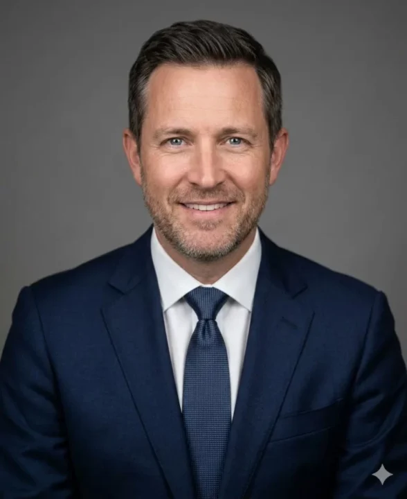 AI headshot from a summit photo booth rental NYC, executive in a navy suit on a grey backdrop