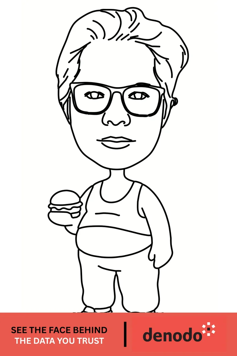 AI caricature sample — robot-drawn caricature with custom prompt details and Denodo event branding