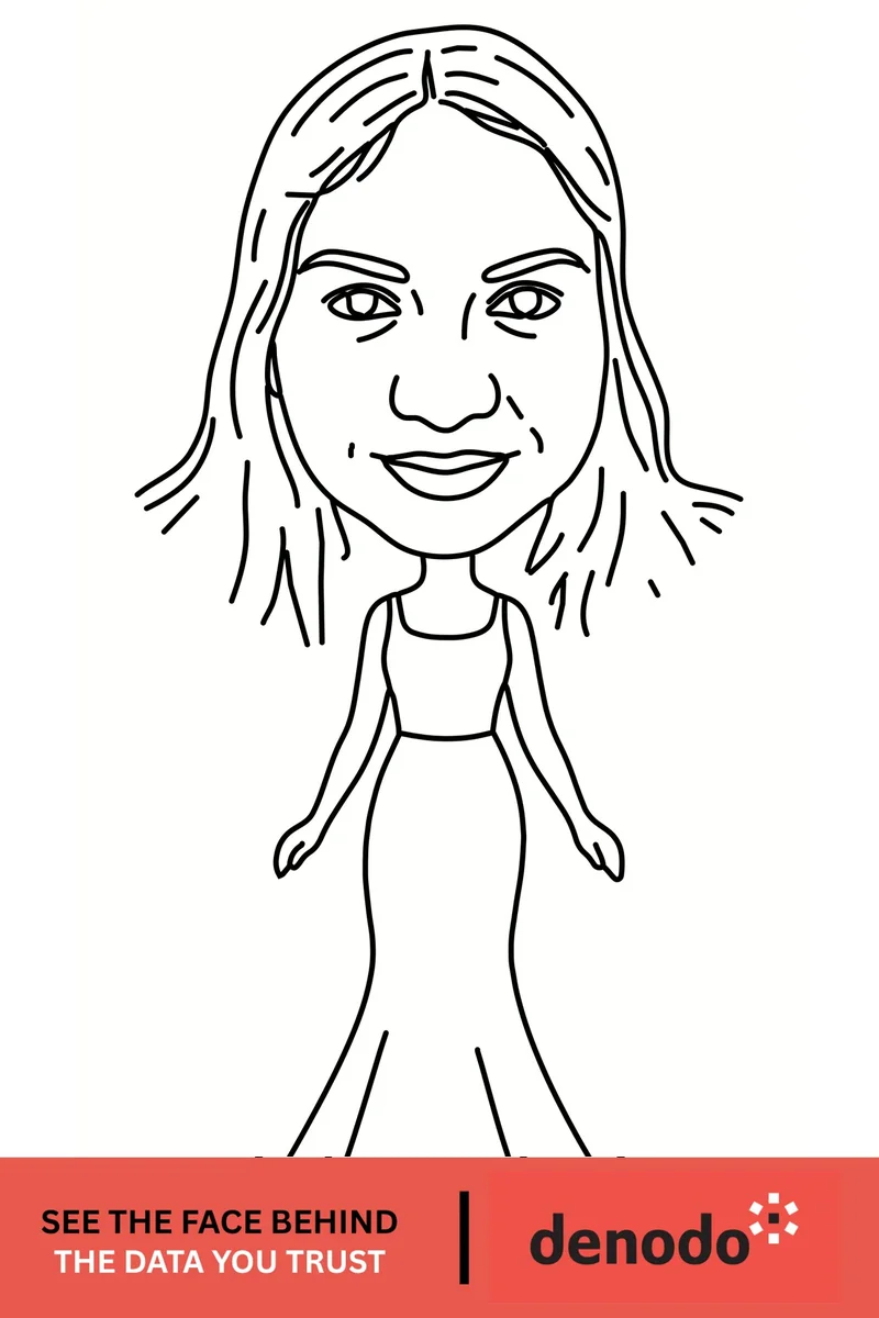 AI caricature sample — robot-drawn caricature of a woman with Denodo event branding