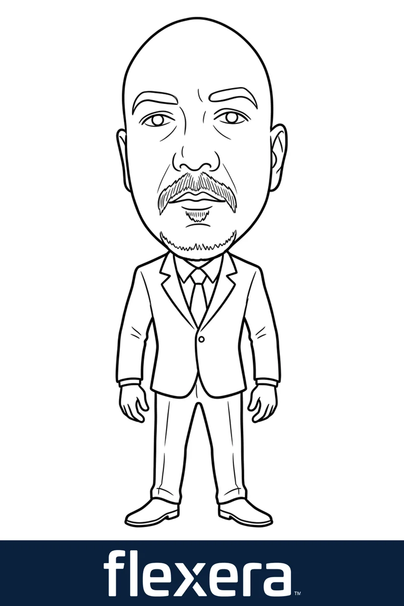 AI caricature sample — man in a suit drawn by the sketch bot with Flexera branding