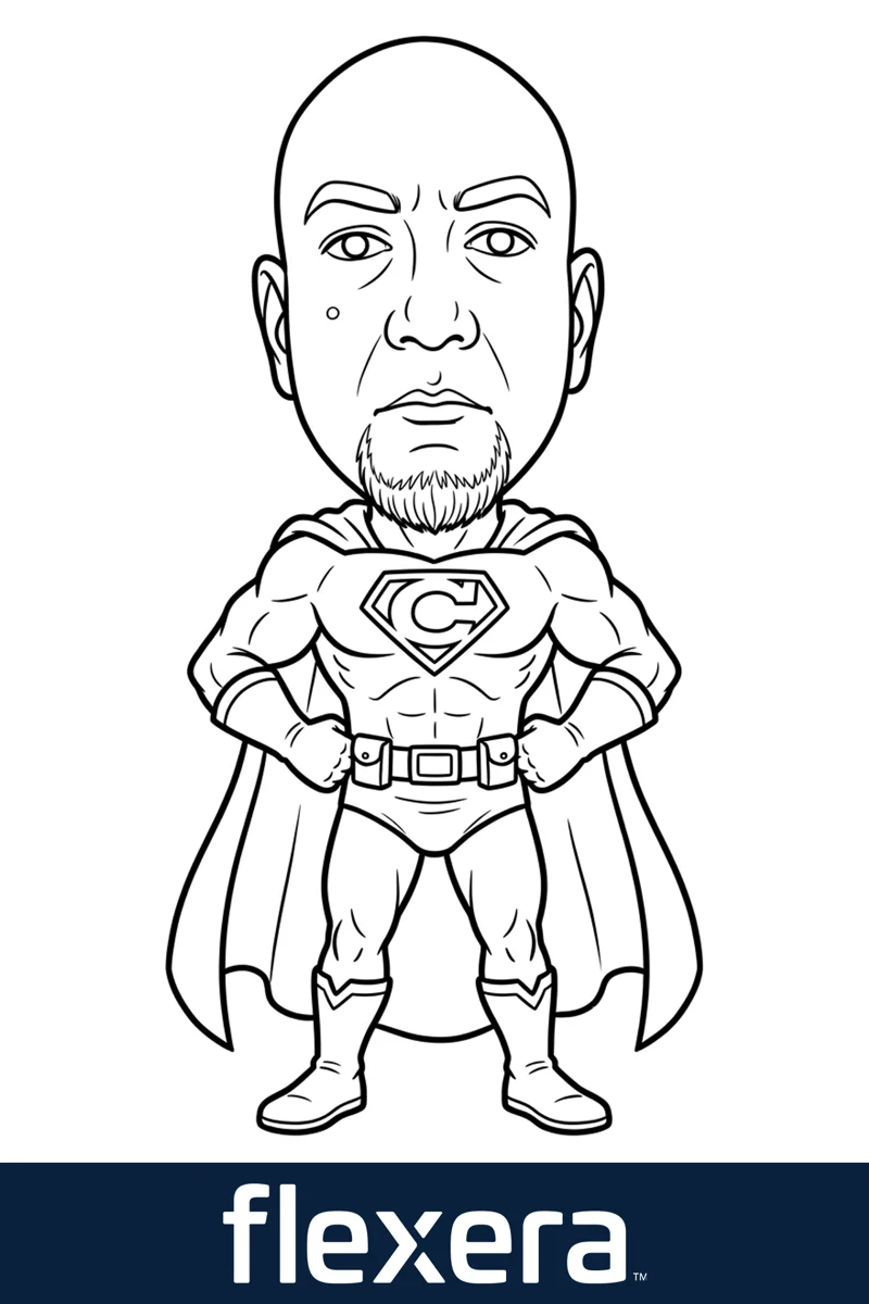 Themed superhero caricature drawn by the sketch bot with Flexera branding