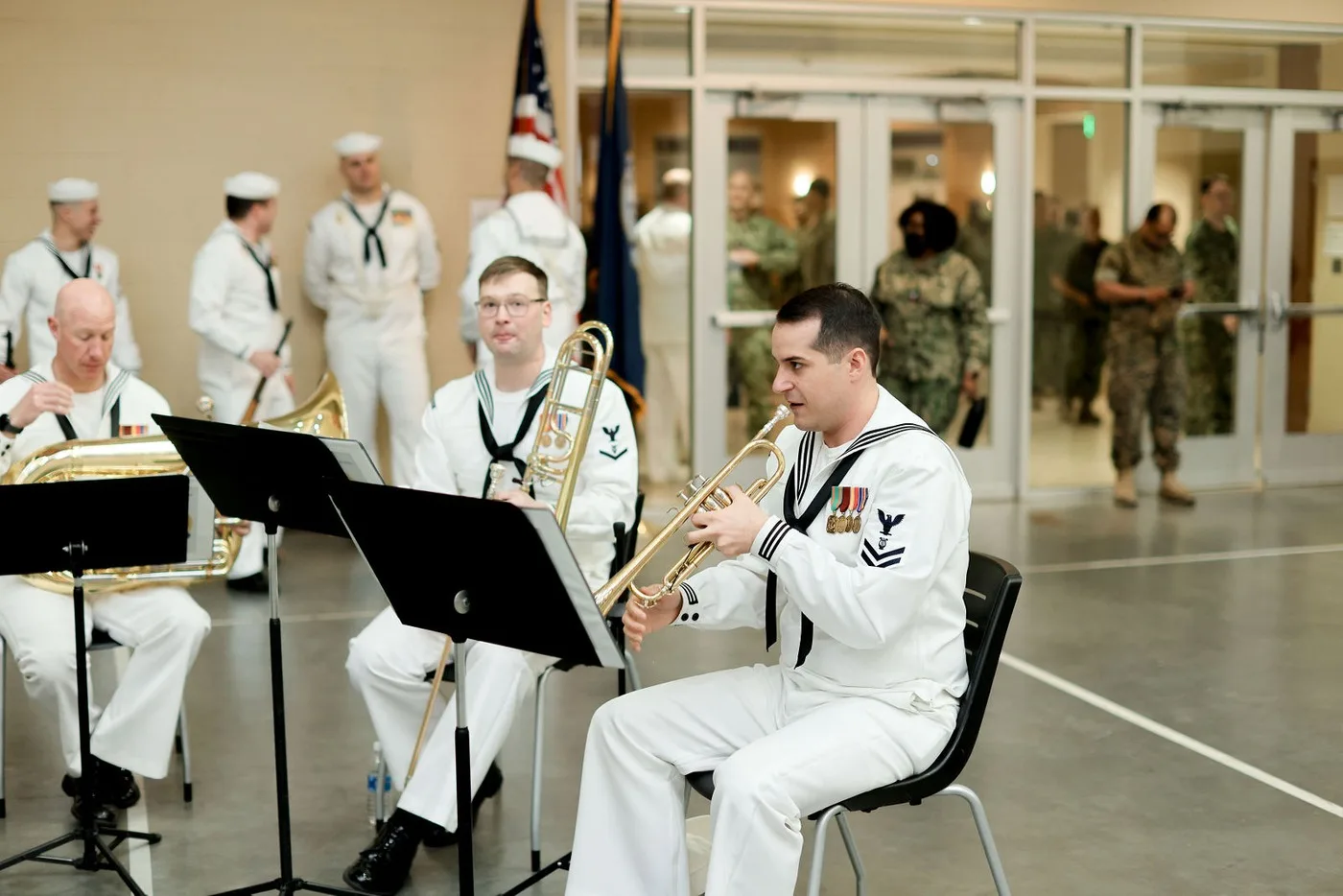 Navy band performing during a formal ceremony on Long Island