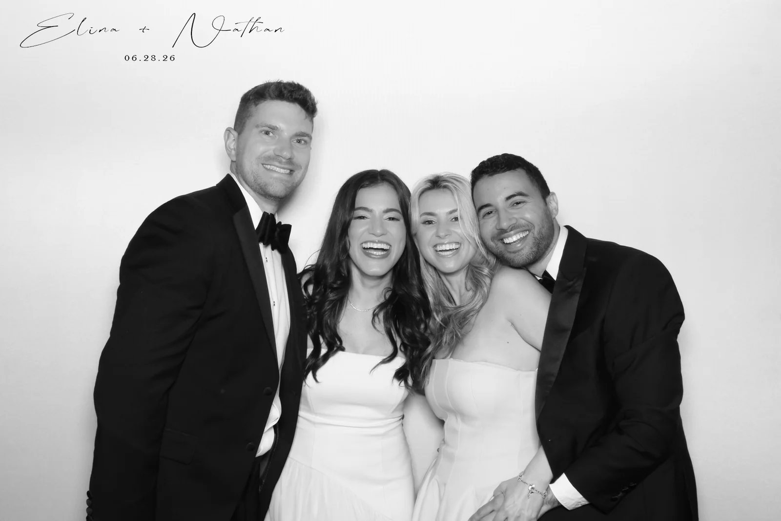 Glam photo booth rental NYC — black and white wedding portrait of two couples in black tie