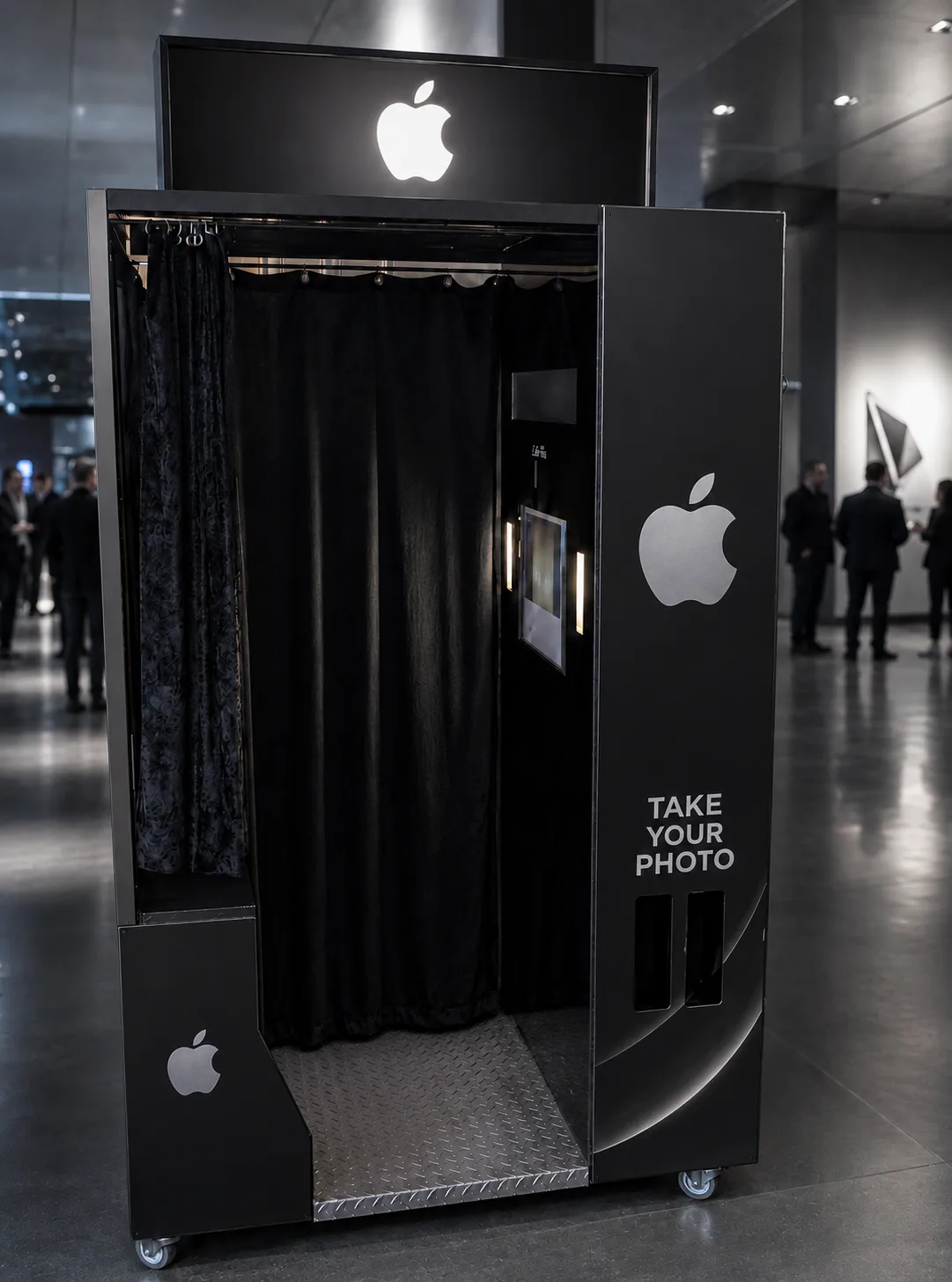 Concept illustration of the vintage photo booth in a minimalist Apple-themed black wrap with logo marquee