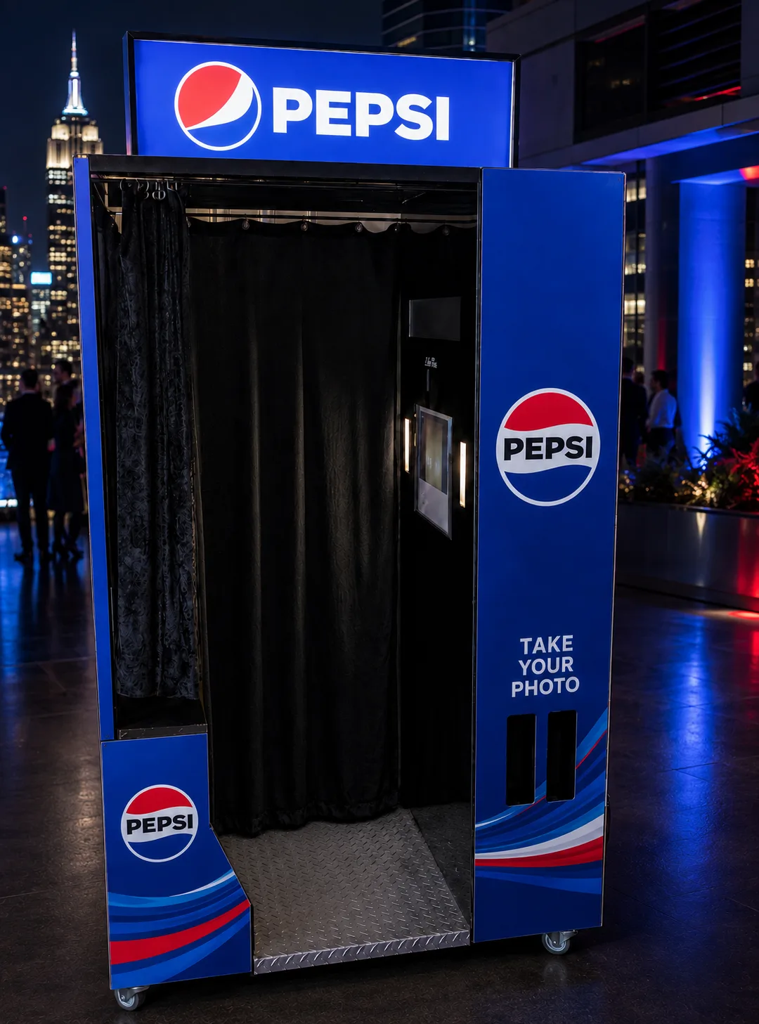 Concept illustration of the vintage photo booth in a Pepsi-themed custom wrap on a Manhattan rooftop