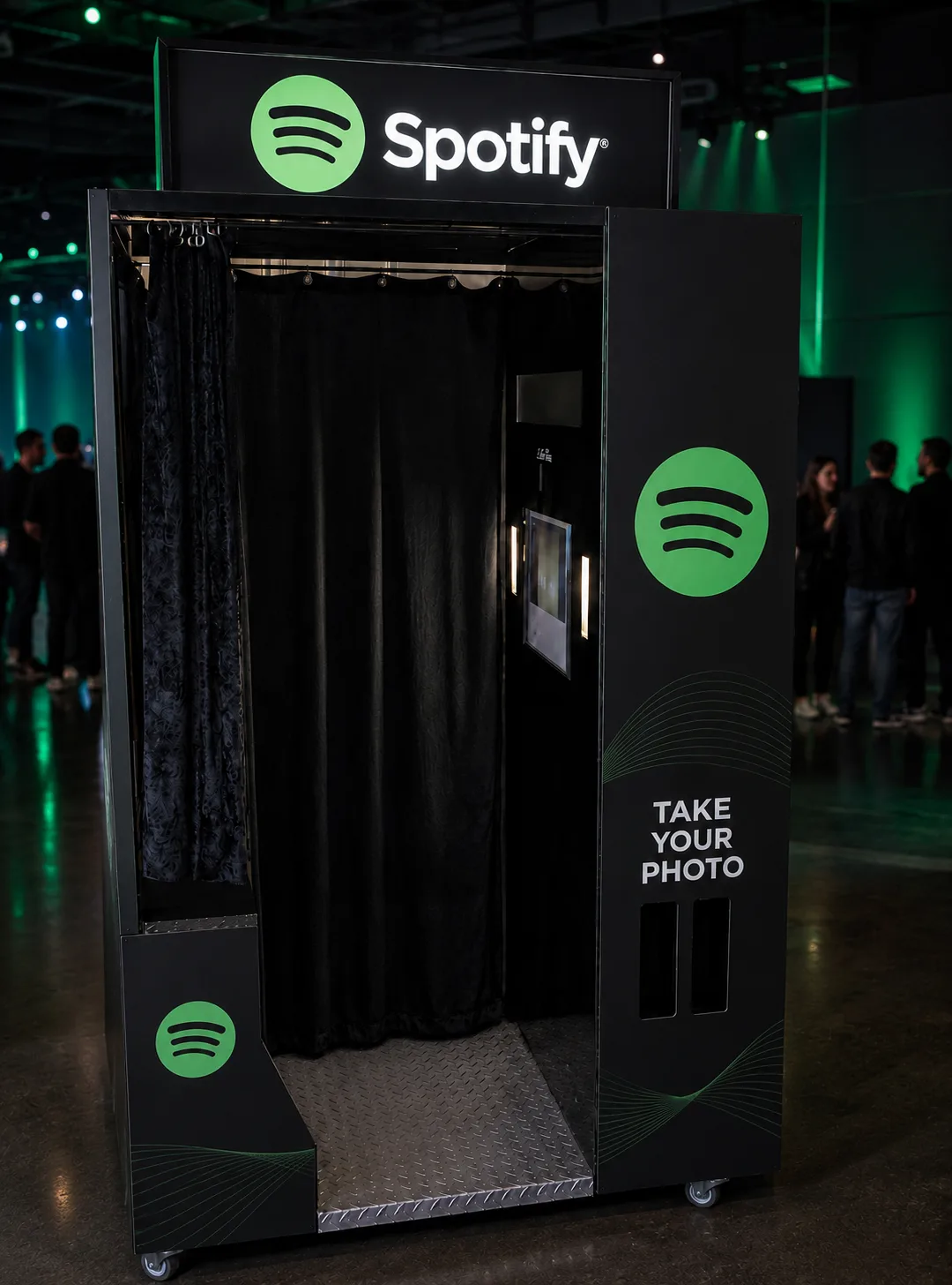 Concept illustration of the enclosed vintage photo booth in a Spotify-themed custom wrap with lit marquee