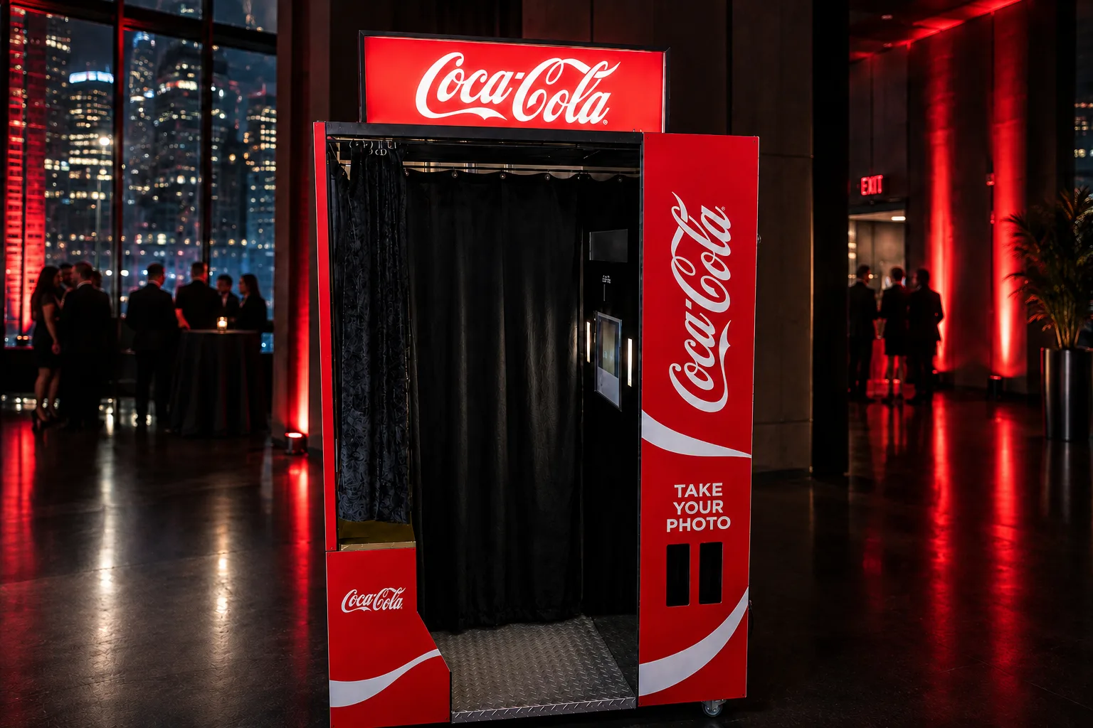 Concept illustration of the enclosed vintage photo booth with a custom brand wrap at a Manhattan venue
