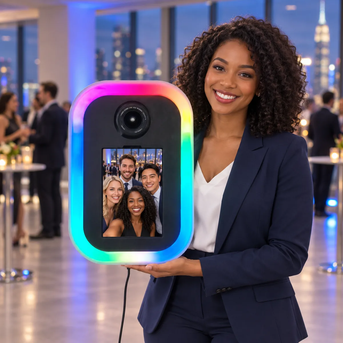 Attendant holding the handheld DSLR roaming photo booth, its LED frame glowing, at a Manhattan corporate event