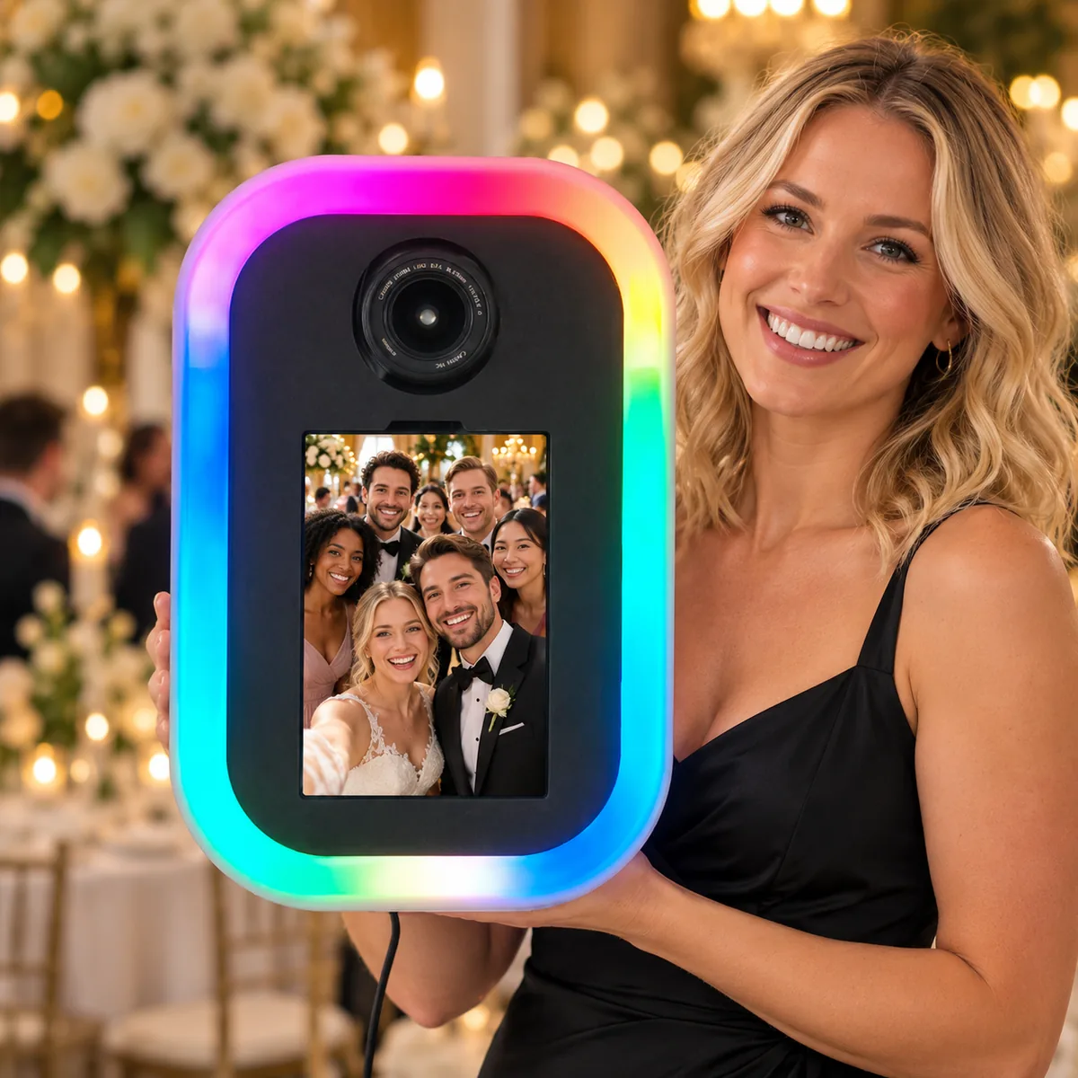 Wedding guests on the live preview screen of the roaming photo booth, its LED frame cycling through color