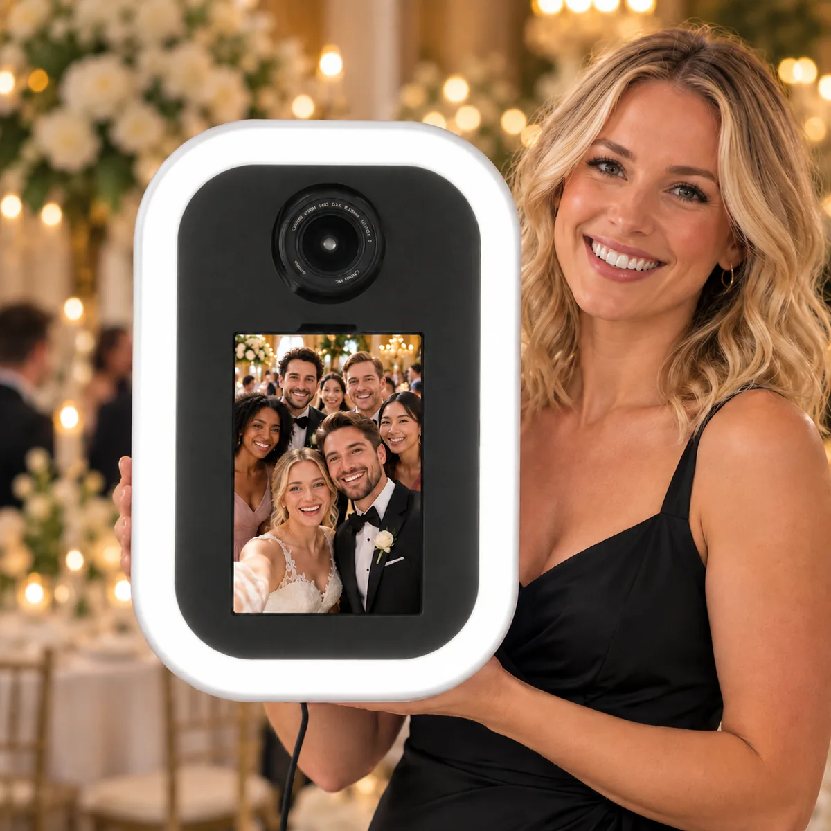 DSLR roaming photo booth with its LED frame set to white light at a wedding reception