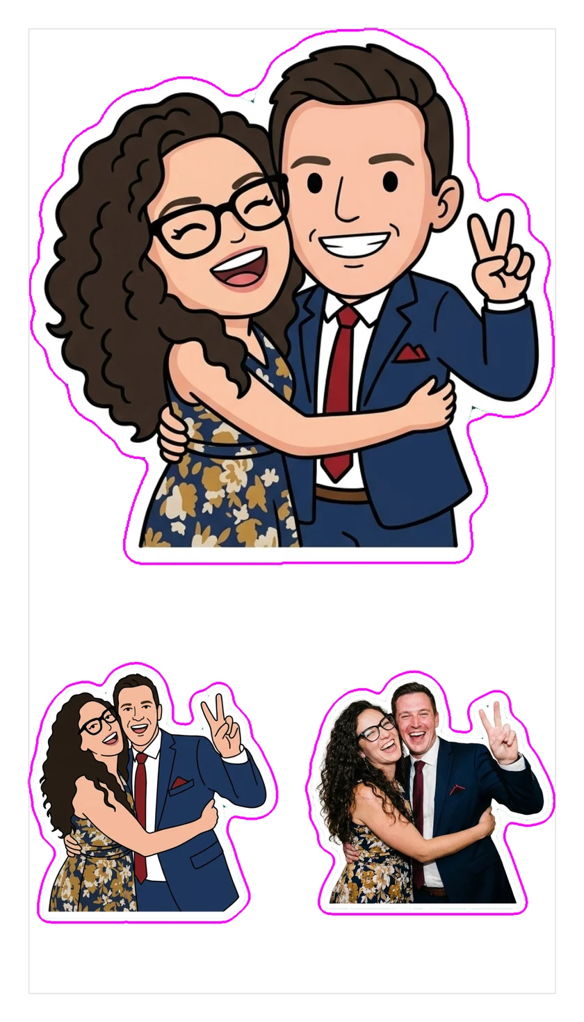 AI sticker sheet from the PhotoTek sticker photo booth: one photo of a couple turned into three cartoon stickers, with a pink line showing the cut path