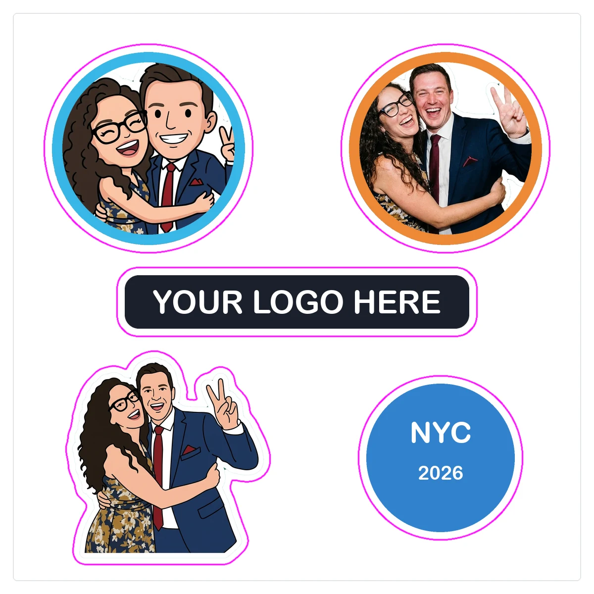 Branded sticker sheet from the sticker photo booth: AI cartoon and photo stickers of a couple in colored rings, a die-cut cartoon sticker, a logo sticker, and an NYC 2026 badge, with pink cut lines