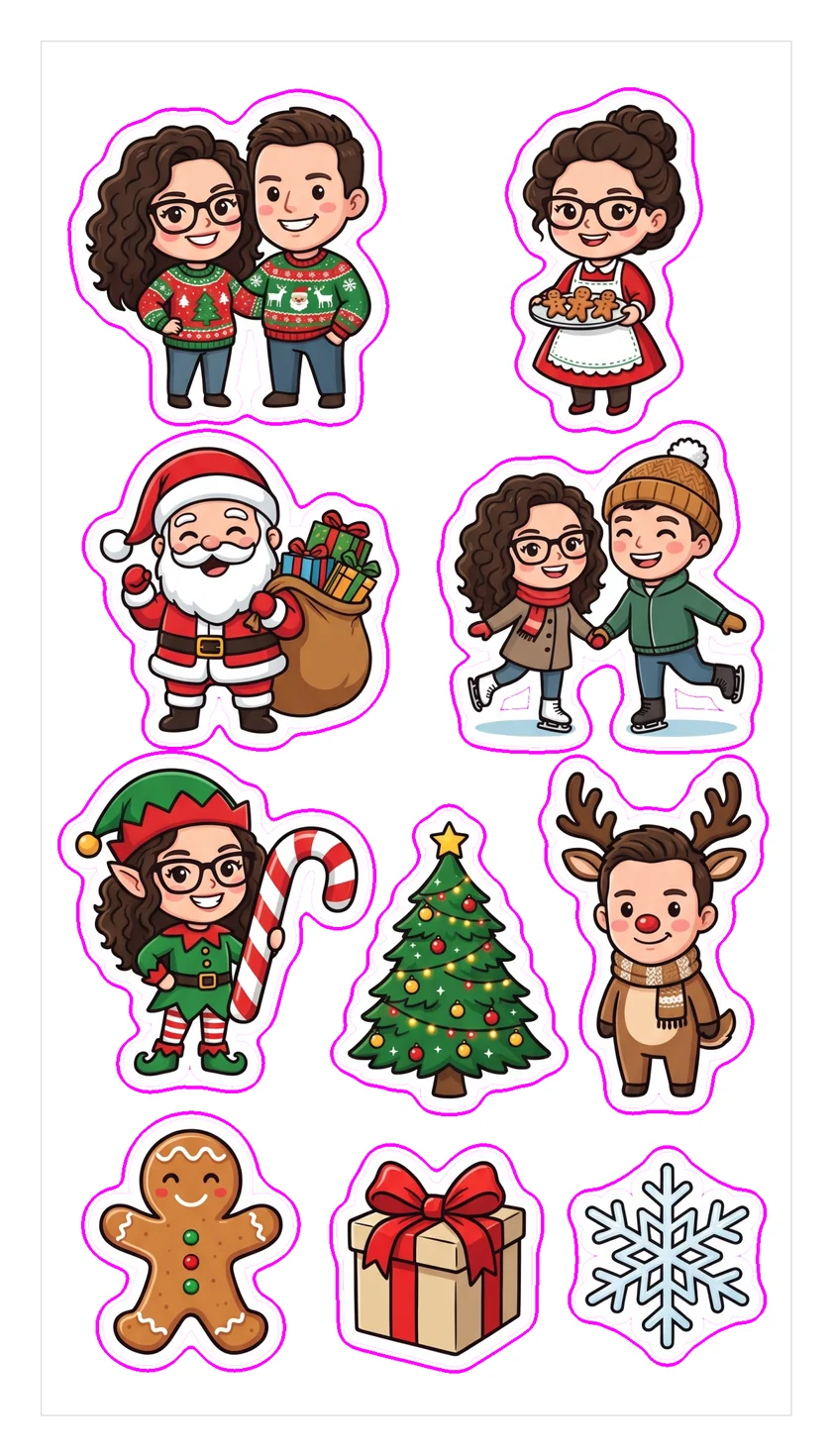 Christmas AI sticker sheet from the sticker photo booth: a couple in ugly sweaters, as Santa, an elf, and a reindeer, plus a tree and gingerbread man, with pink cut lines