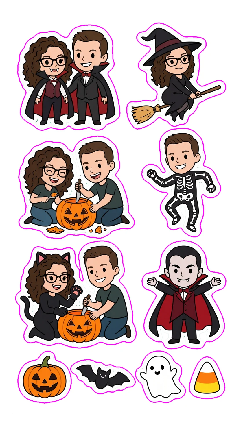 Halloween AI sticker sheet from the sticker photo booth: a couple as vampires, a witch, and a skeleton, plus pumpkins, a bat, and a ghost, with pink cut lines